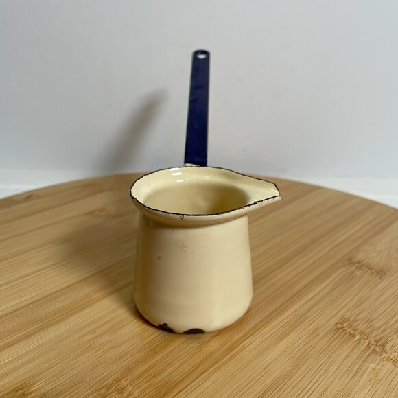 Vintage Cream Blue Enamel Melting Pot Enamelware Butter Syrup Turkish Coffee - Picture 3 of 6